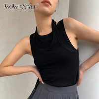 twotwinstyle solid hollow out vest for women o neck sleeveless fake two irregular casual tank tops female fashion new clothing