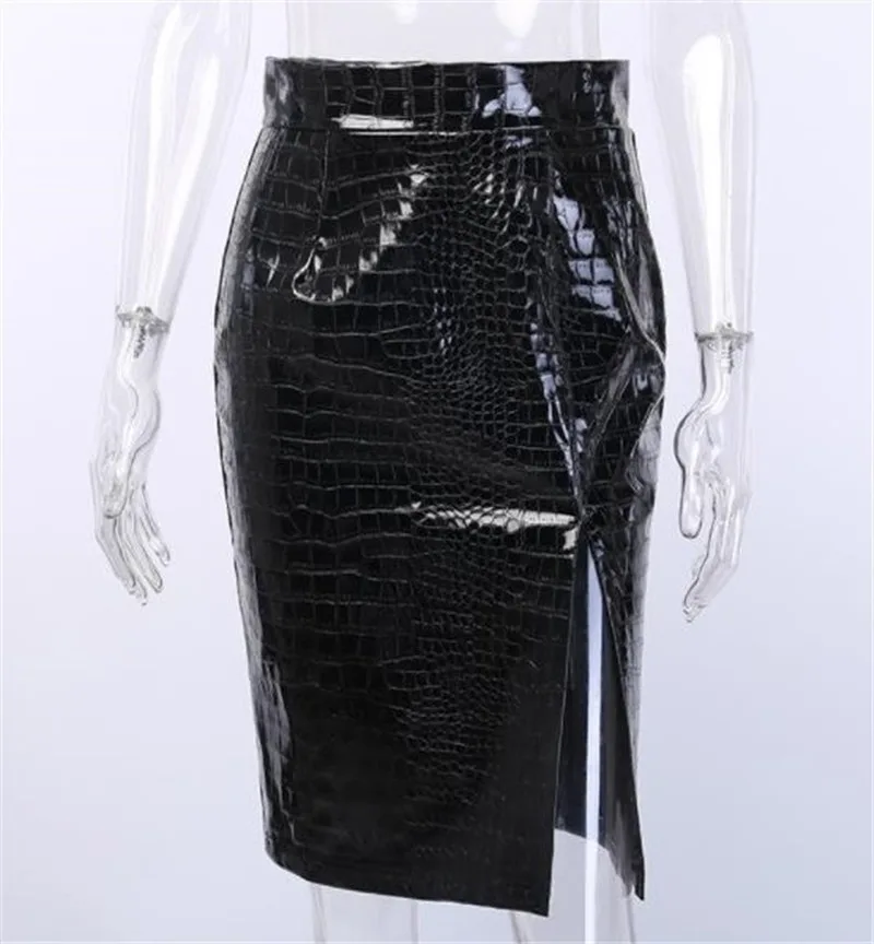 

Black Crocodile Pattern PU Leather High Waist Elegant Split Skirts Womens Autumn Office Lady Bodycon Pencil Skirt
