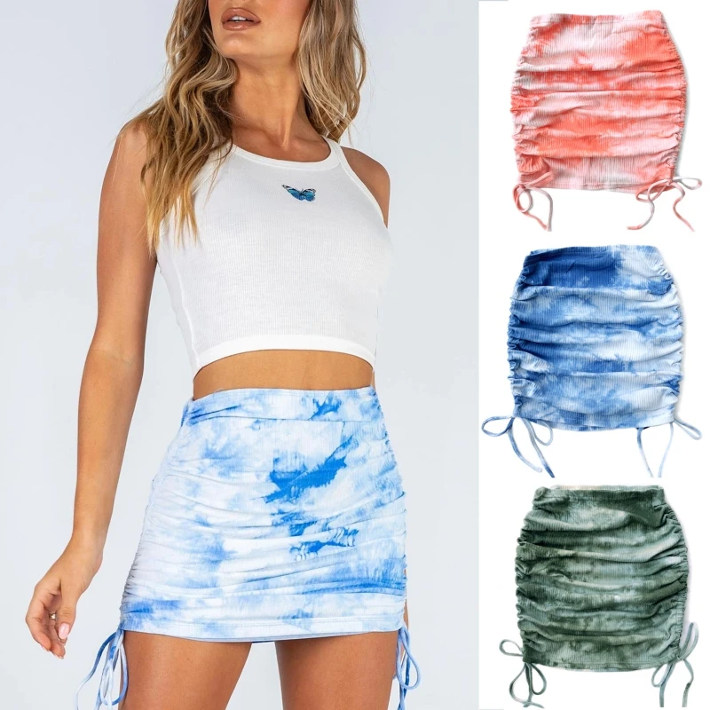 

Women Pleated Skirts Tie-Dye Short Mini Skirt Female Sexy Stretch High Waist Drawstring Bowknot Knit Skirt Streetwear Knitwear