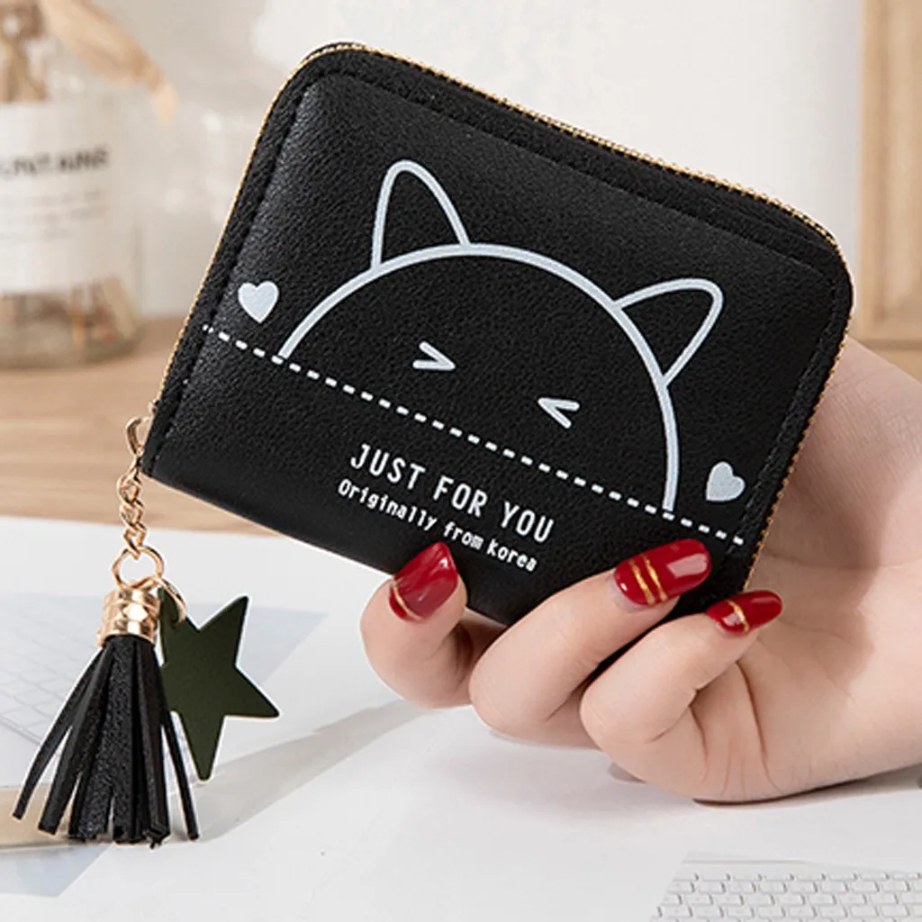 Короткий кошелек с рисунком мультяшного кота Забавные милые кожаные кошельки