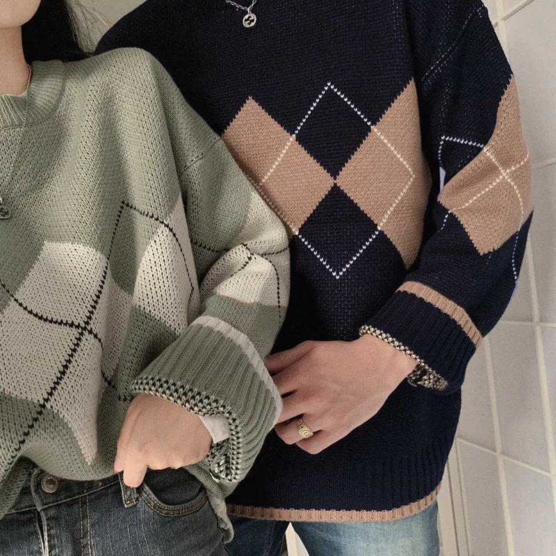 

Woman Argyle Sweaters Autumn Winter 2021 Pullovers Long Sleeve O-Neck Loose Knitted Korean Tops Casual Vintage Jumper
