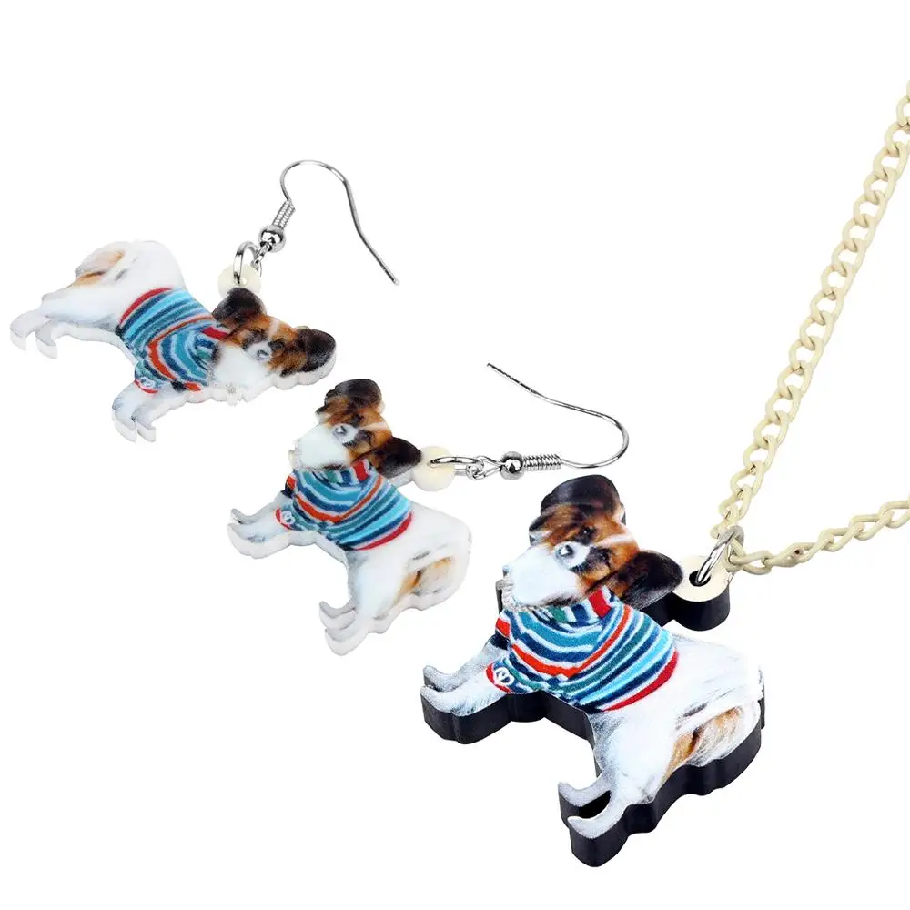 Bonsny Acrylic Colorful Striped Coat Papillon Dog Necklace Earrings Jewelry Sets Cartoon Decoration Girl Fashion charm Gift | Украшения и