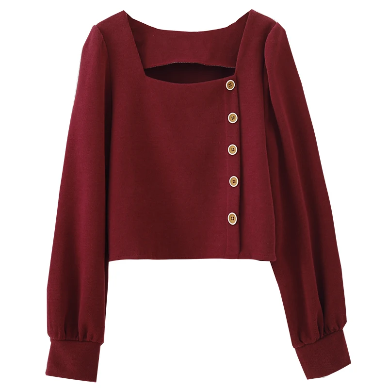 

Kimutomo Women Vintage Square Collar Blouse Hong Kong Style Ladies Wild Single Breasted Long Sleeve Knitted Shirt Outwear New