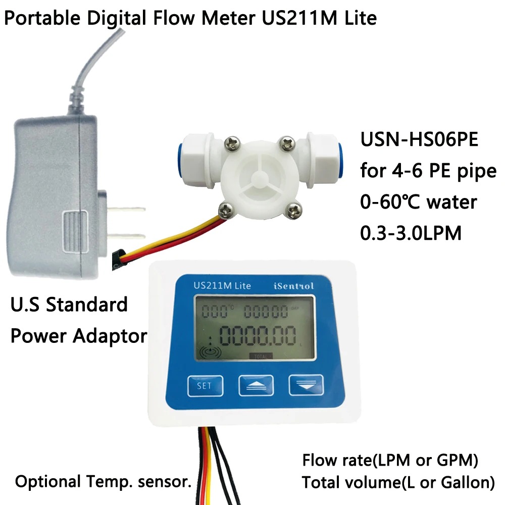 Портативный цифровой расходомер Power US211M Lite и USN-HS06PE Датчик Холла 0 3-л/мин для 4*6