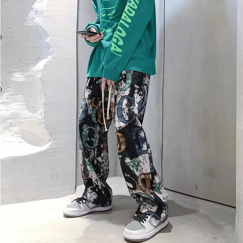 

Брюки мужские прямые с принтом, Свободные повседневные штаны в стиле хип-хоп, с эластичным поясом, брюки для бега, уличная одежда