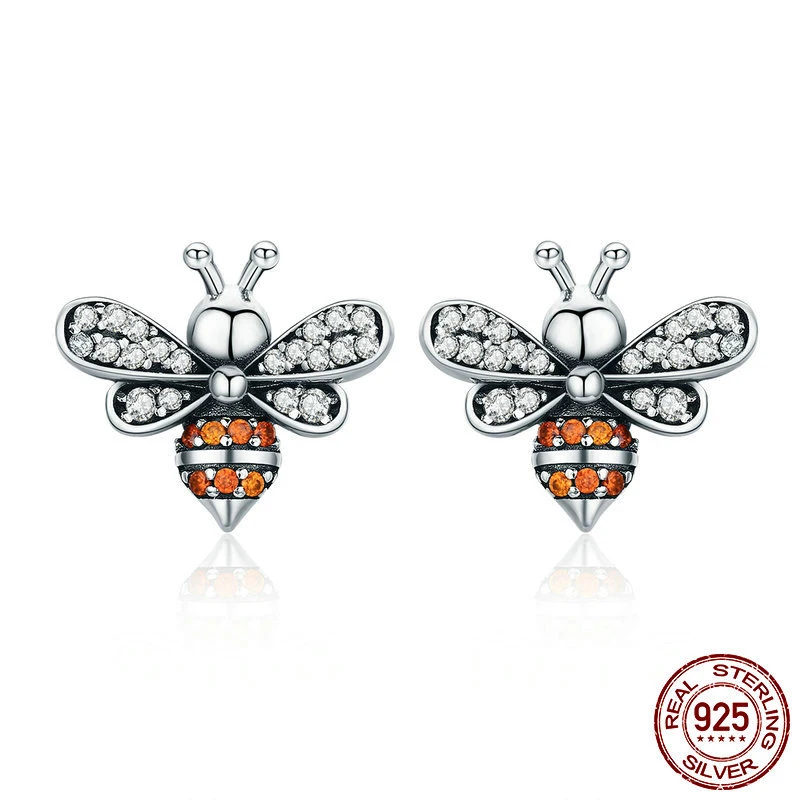 

High Quality 100% 925 Sterling Silver Bee Story Clear Zircon Exquisite Stud Earrings for Women Fashion Silver Jewelry