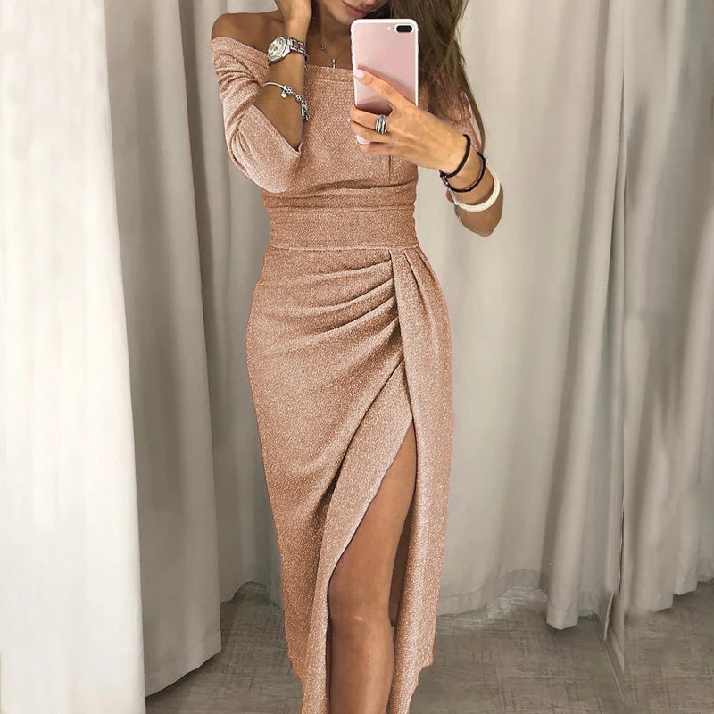 Женское блестящее платье Vestido сексуальное с вырезом лодочкой вечерние платья