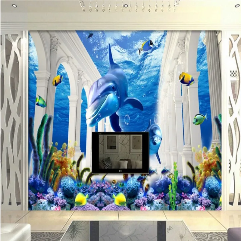 Прямая доставка Фото Обои Синий Приморский римская колонна Дельфин Фреска 3D