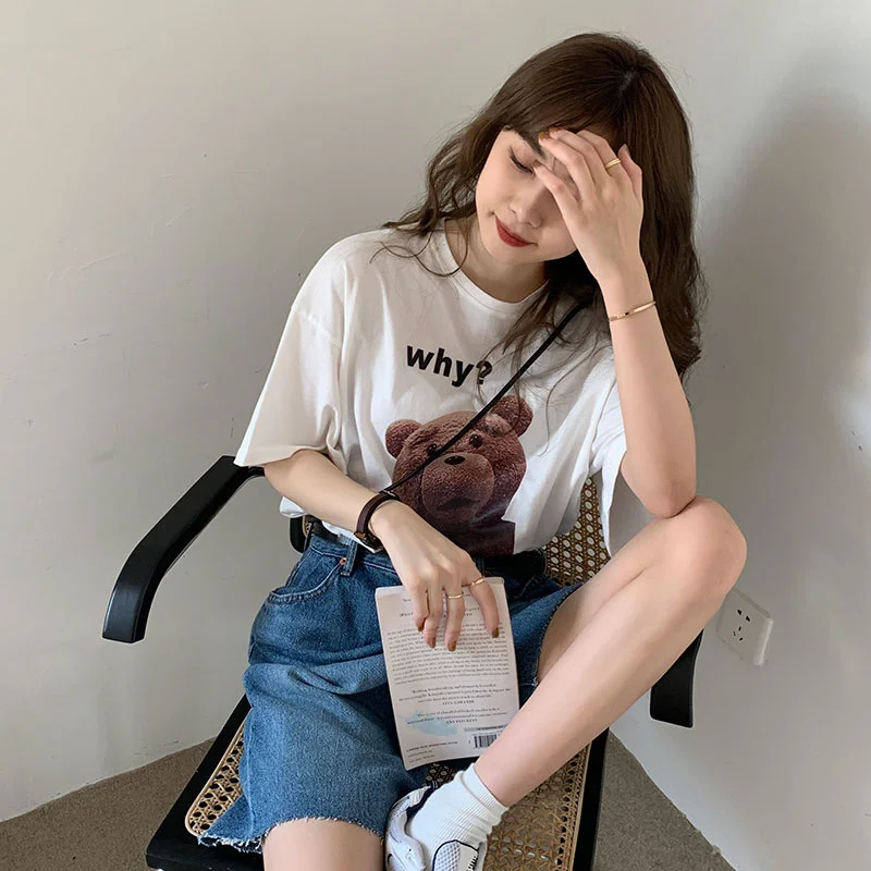

Casual loose ins letter bear print Tshirt