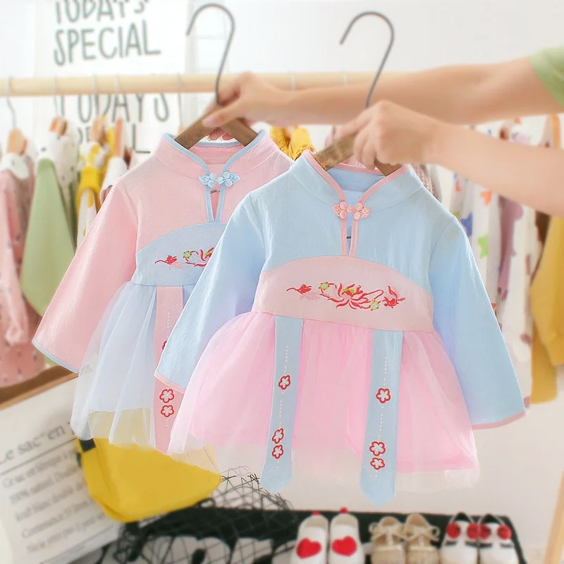 

Embroidered Baby Girls Dress Infants Clothes Long Sleeve Chinese Style Princess Cotton Dresses Tutu Dresses For Baby Girls 6-30M