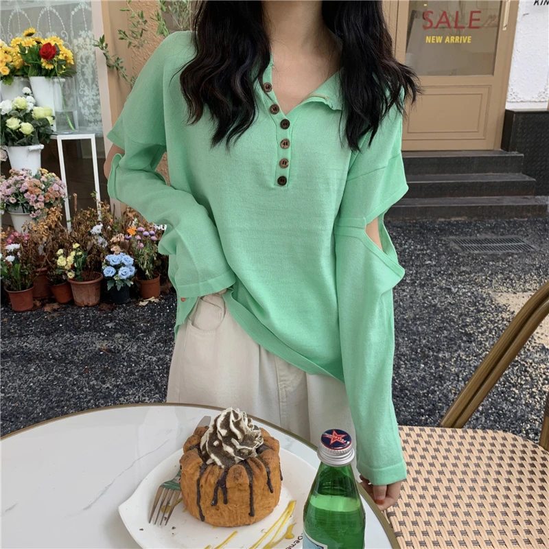 

Korean Style Long Sleeve Knit Women's Shirt Loose Hollow Out Chic T-shirt Casual V-neck Shirts Ladies 2021 Spring