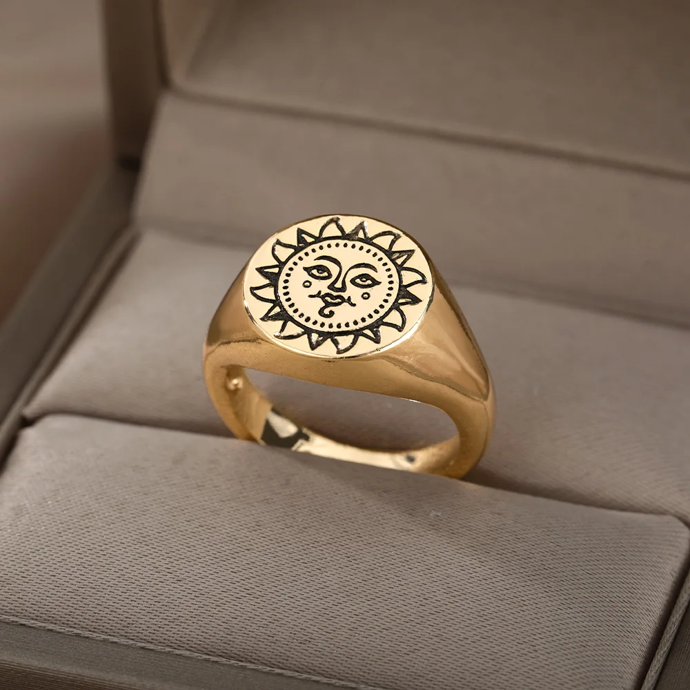 

New Tarot Sun Flower Finger Rings For Women Stainless Steel Gold Sun Face Ring Punk Engagement Fashion Men Jewelry Gift 2021