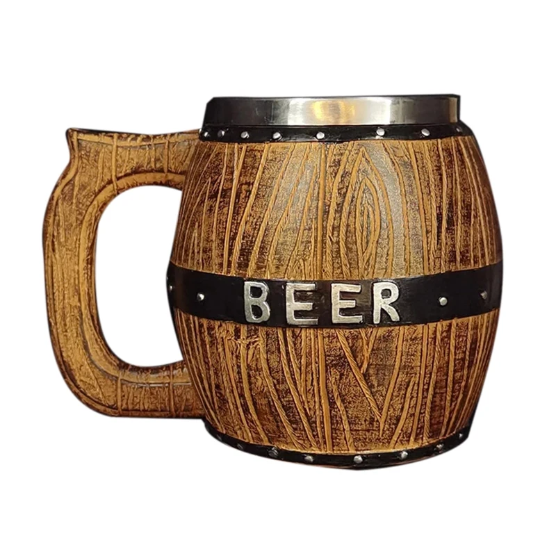 

Oak Barrel Style Beer Mug Simulation Wooden Barrel Beer Cup Double Wall Drinking Mug Metal Insulated As Christmas Gift