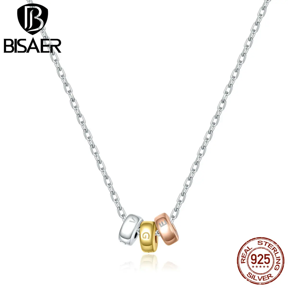 

BISAER New 925 стерлингового серебра с аккумулятором, трехцветная ожерелья для женщин, геометрические фигуры, ювелирное изделие, подарок EFN205