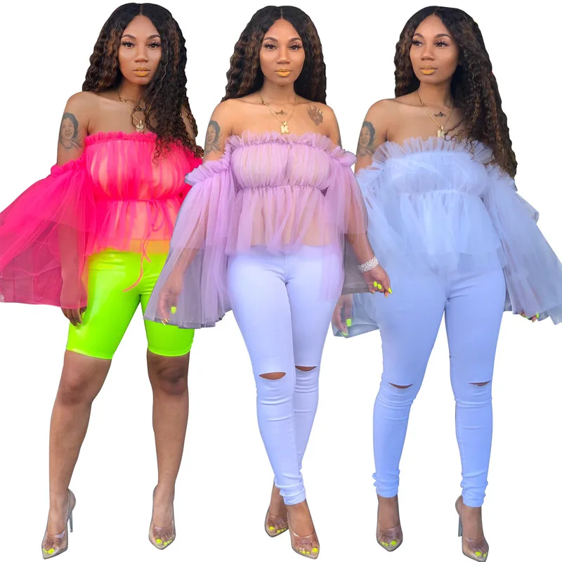 Женские прозрачные сетчатые рубашки с открытыми плечами и длинными рукавами