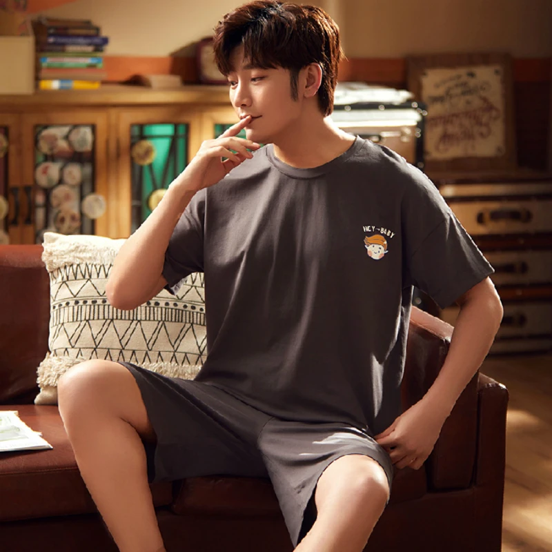 

2020 Summer Men Pyjama Set Satin Men Pajama Suit Short Sleeve 100% Cotton Pajama Man Sleepwear Summer Pajama Male Nightgown Sets