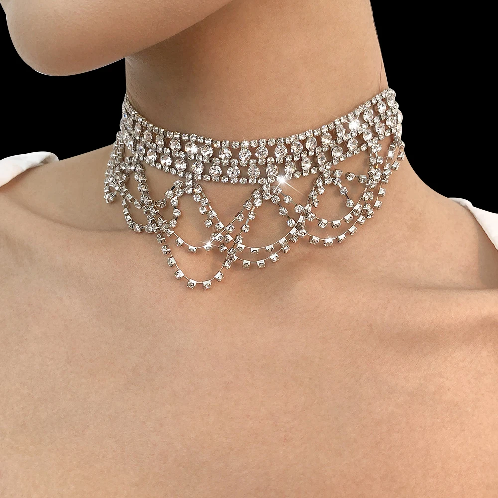 

KunJoe Vintage Elegant Crytal Rhinestone Chain Necklace for Women Clavicle Chain Collar Necklace Female Wedding Party Jewelry
