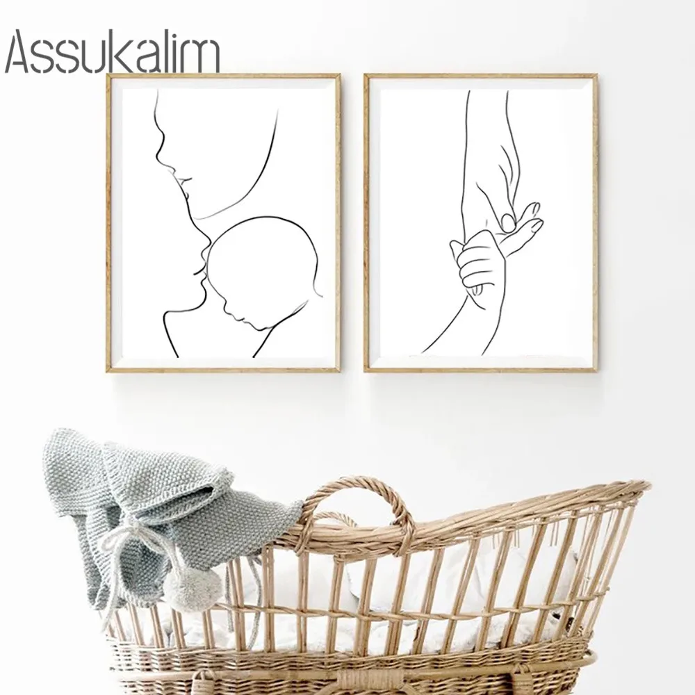 

Minimalist Wall Art Canvas Painting Black And White Poster Family Print Mother Baby Paintings Nordic Wall Pictures Bedroom Decor