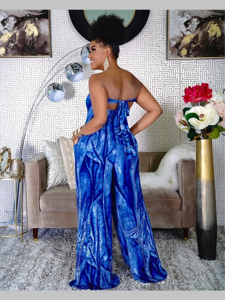

2021 New Product Jumpsuit African Clothing Fashion Dashiki Print African Womens Sleeveless Tie Wide Loose Sexy Tube Top Jumpsuit