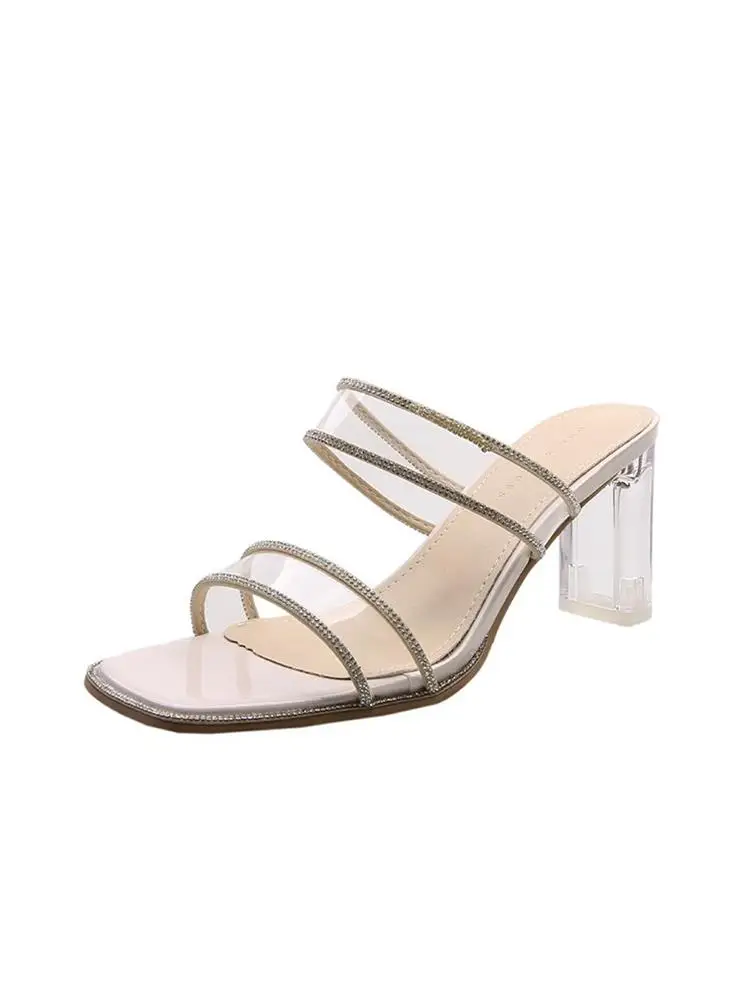 

Transparent Slippers High-Heeled Shoes Lady Square heel Glitter Slides Slipers Women Fashion Block Jelly 2021 Luxury Rubber Pump