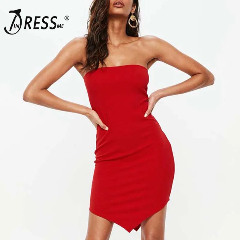 INDRESSME Сексуальное Женское Бандажное платье красное сексуальное без бретелек с открытой спиной асимметричное облегающее мини-платье вечерние Клубные рождественские платья