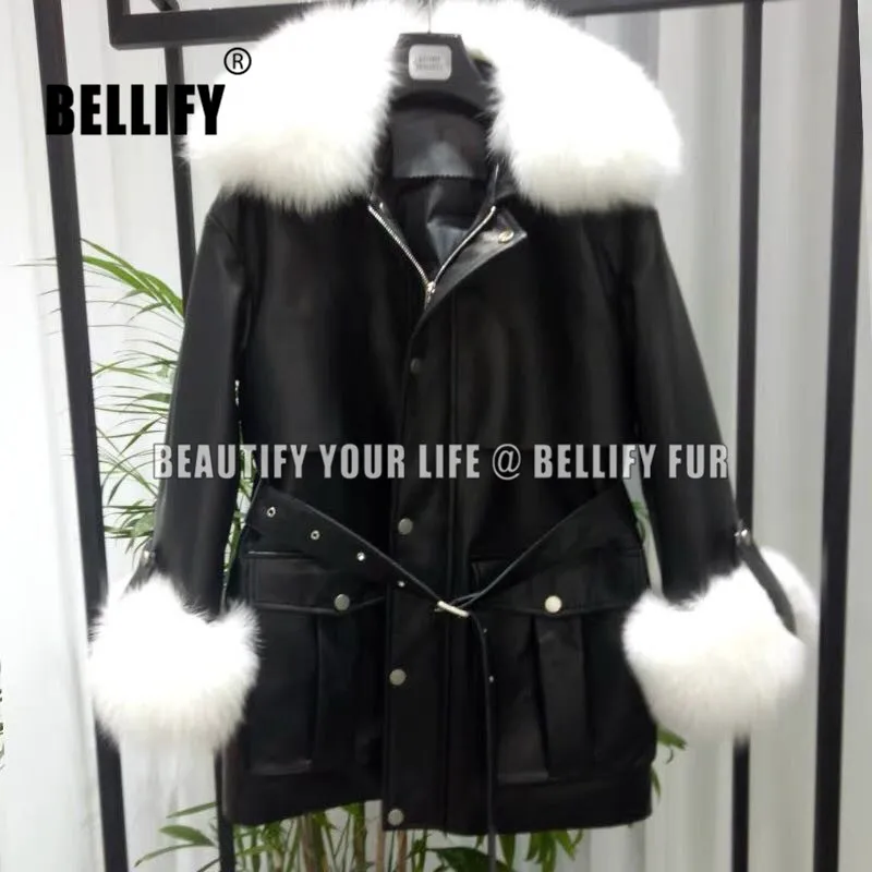 Высокое модное пальто из натуральной кожи на утином пуху с воротником