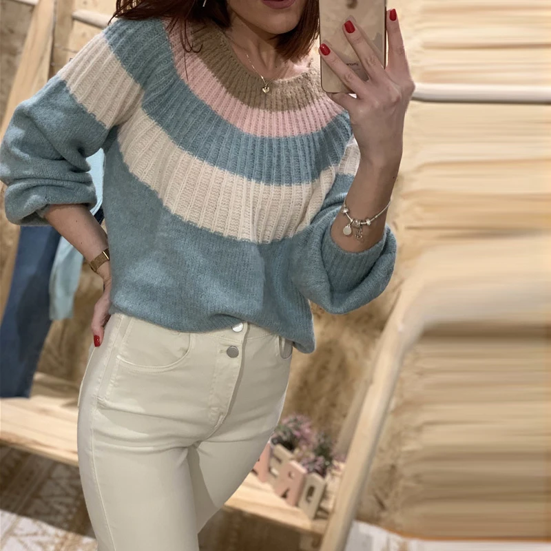 Длинные рукава с круглым вырезом для женщин свободные элегантные трикотажные в