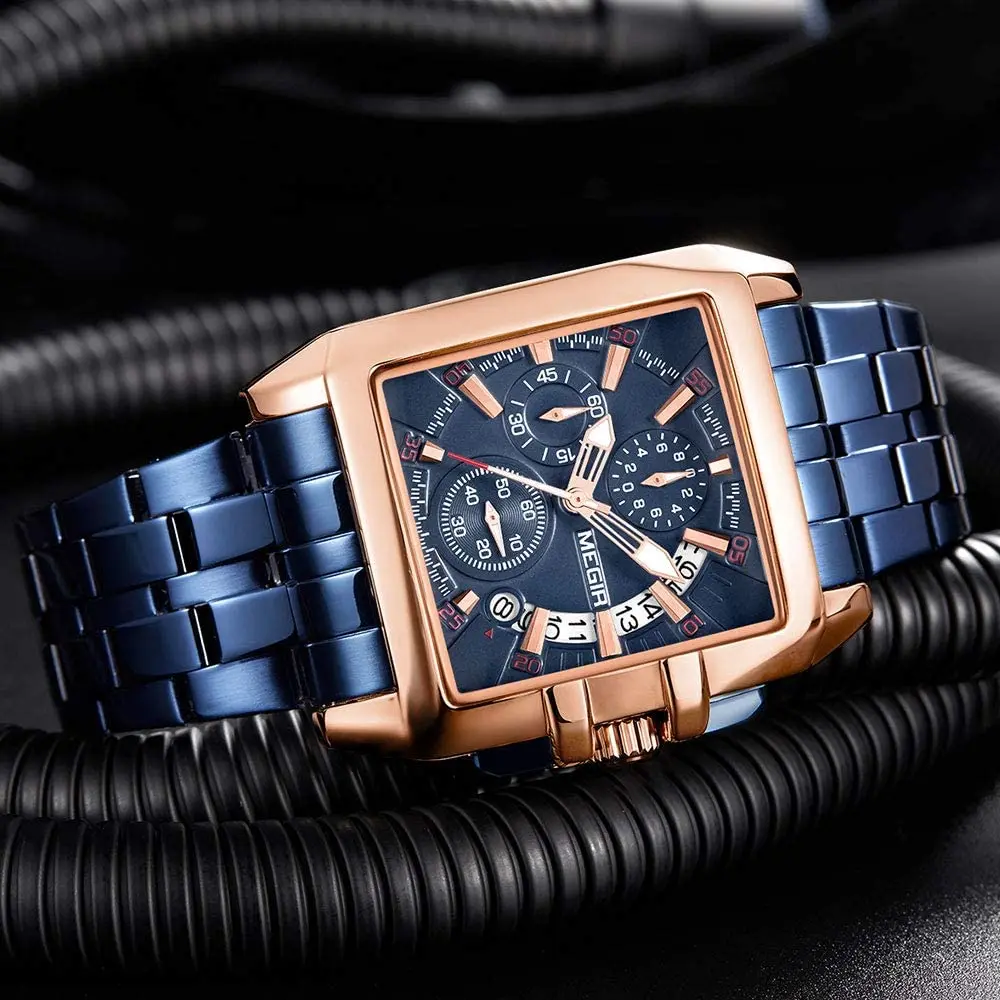 

Megir fashion square dial watch men's luxury stainless steel watch men's military sports watch waterproof luminous pointer