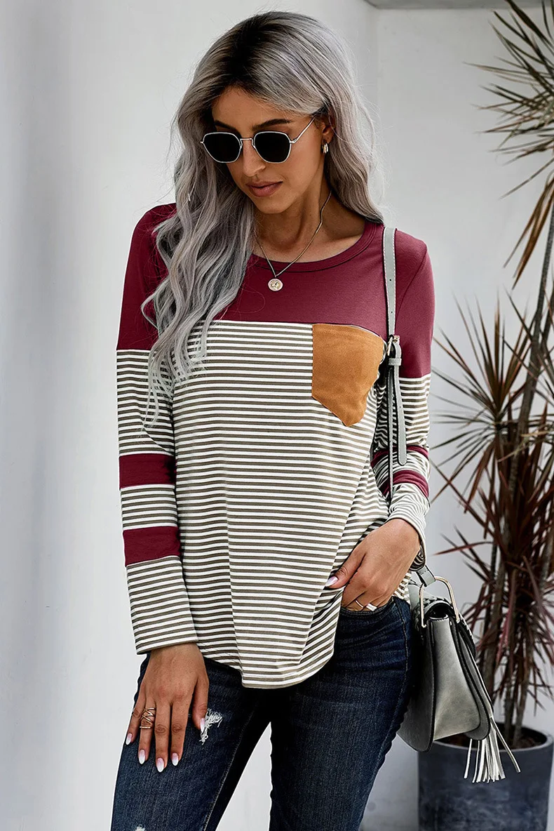 

2021 Europe and the United States cross-border new Amazon explosive stripe stitching hit color long-sleeved slim T-shirt girl