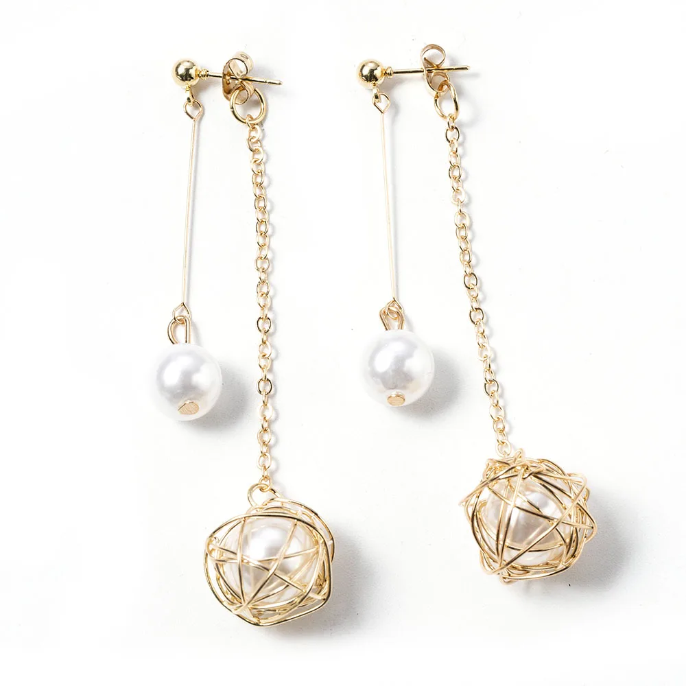 Висячие серьги из шпагат с металлическим шариком и искусственным жемчугом для