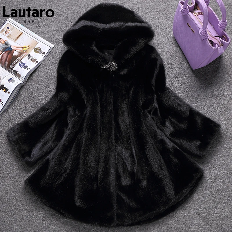 

Lautaro Winter Black Warm Thick Faux Mink Fur Coat Women with Hood Elegant Luxury Soft Casual Fluffy Jacket 2022 4xl 5xl 6xl 7xl