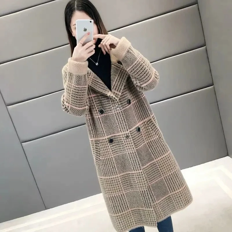 

Plaid Imitation Mink Velvet Long Coat 2021 Women Autumn Winter Warm Loose Wool Blends Jacket Korean Fashion Fleece Overcoat