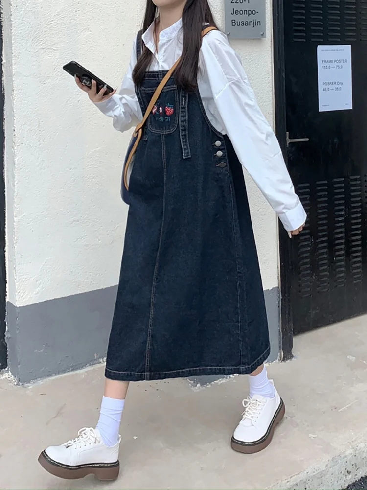 

Denim Suspender Skirt Autumn 2021 New Korean Cute Skirt Loose Middle and Long Student Dress Women's Dress