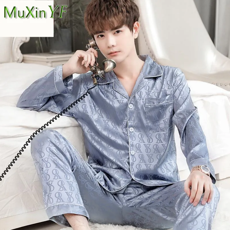 Ice Silk Pajamas Men's Spring Fall Thin Section Plaid Long-sleeved Trousers Pijamas Two-piece Korean Casual Male Sleepwear Suit