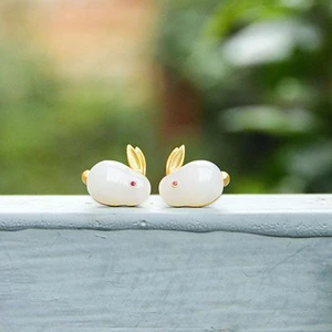 925 New Fashion Temperament Retro Style Imitation Khotan Jade Rabbit Earrings Gold-plated For Womens Birthday Gift Ear Jewelry