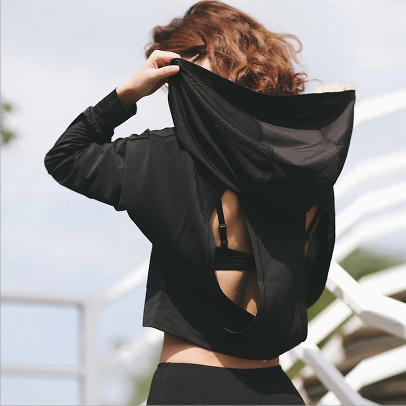 

Women Gym Long Sleeve Women Hooded Backless Yoga Top Women Running Shirt Sport Top Fitness Women Shirt Gym Top