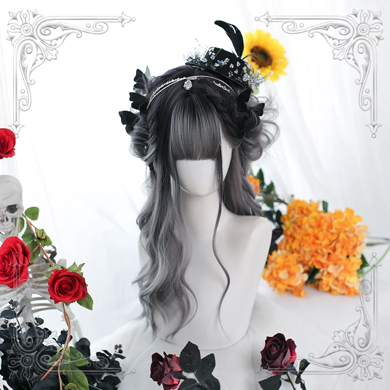 

Female Long Wavy Black Charcoal Grey Gradual Change Bangs Wig Women Wigs Lolita Cosplay Party