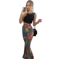 fashion crop top and wide leg pants set flower striped print two piece sets women o neck sleeveless tank casual summer outfits