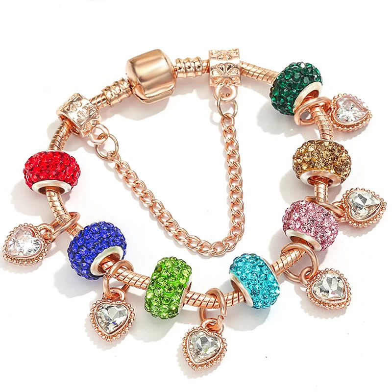 

Luxurious Crystal Colorful Beads Charm Bracelet With Love Heart Pendant Bracelets For Women Original Jewelry Gift Dropshipping