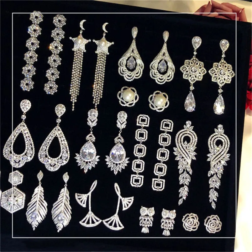 Женские серьги капельки из серебра 925 пробы свадебные с фианитом длинные