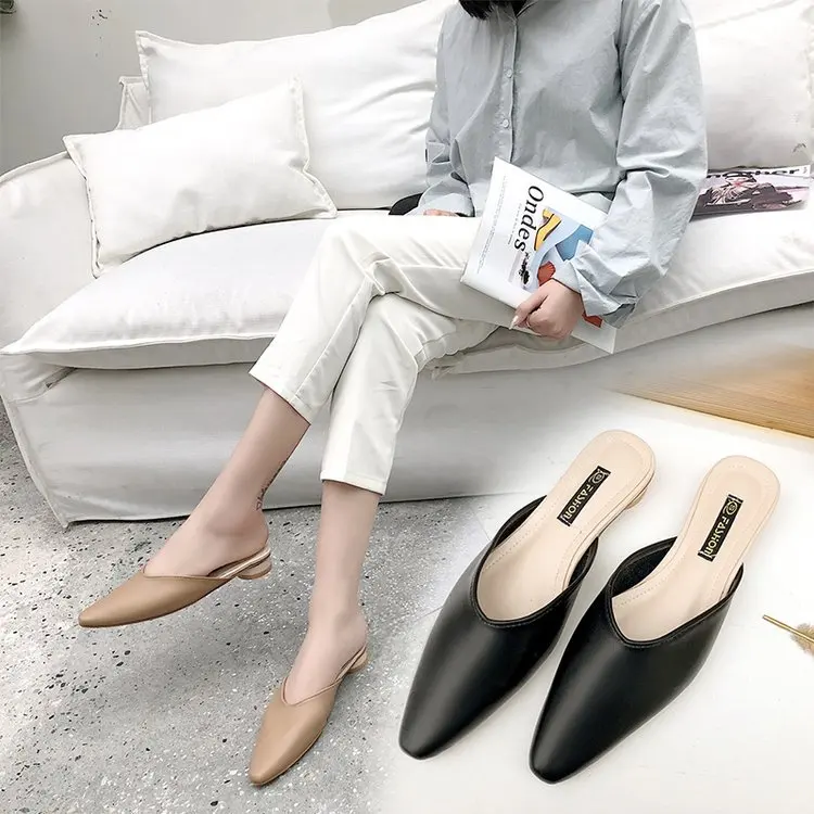 Мюли женские с острым носком заостренный носок квадратный низкий каблук сланцы