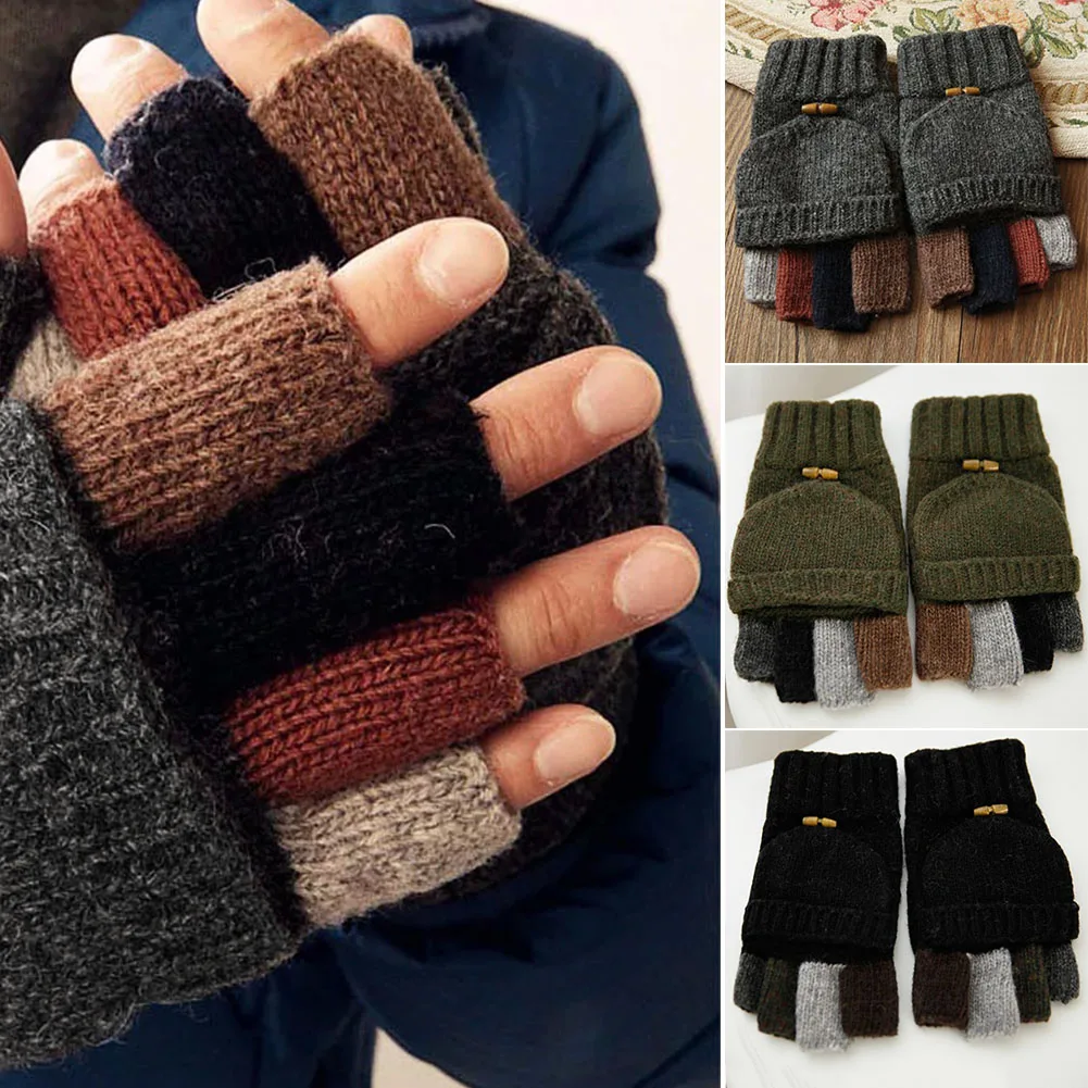 

Winter Hiking Stitching Color Outdoor Sports Mittens Knitted Gift Cycling With Flip Top Warm Half Finger Thickened Men Gloves