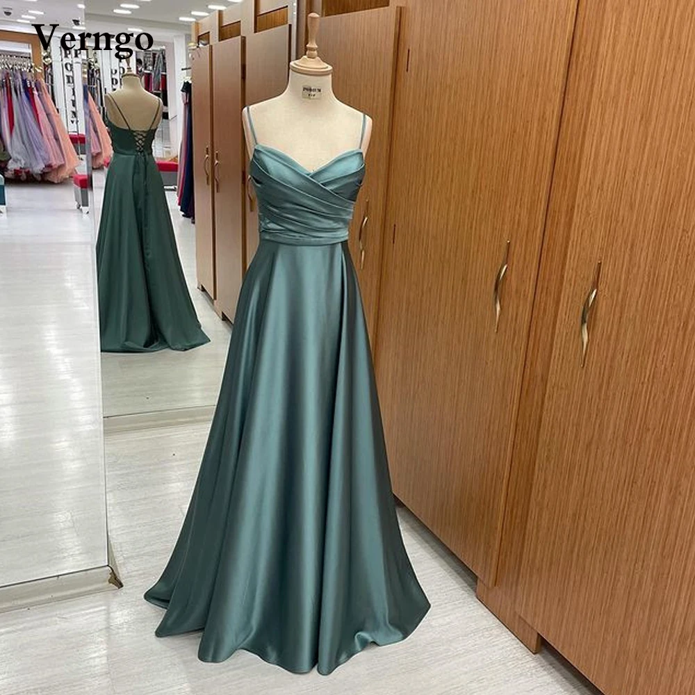

Verngo Dusty Blue Satin A Line Evening Dresses Spaghetti Straps Pleats Lace Up Back Prom Gowns Long Party Event Dress Women