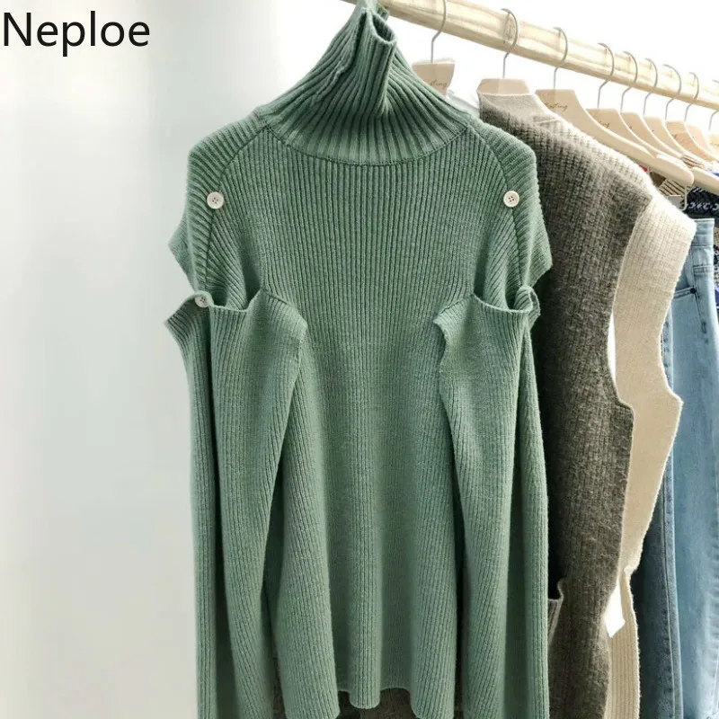 Neploe сексуальный вязаный свитер без бретелек с пуговицами на плече Осень-зима