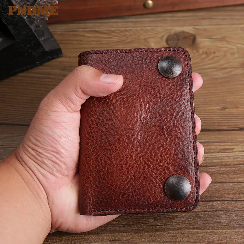 

PNDME simple vintage genuine leather men's short wallet high quality real cowhide women's credit card holder small coin purse
