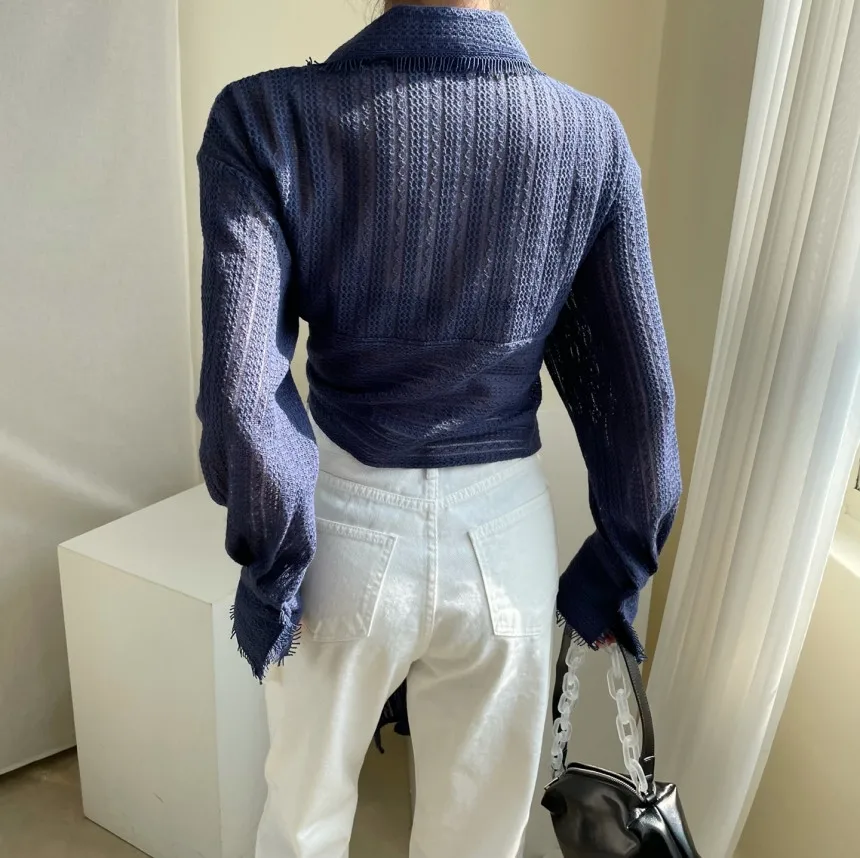 

ZCSMLL Korean autumn temperament lapel raw edge design irregular bandage waist micro-transparent long-sleeved shirt women