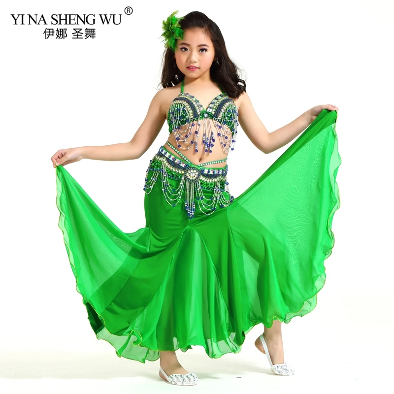 Green-Bra-Belt-Skirt Детские танцевальные костюмы, комплект для девочек, Восточный танец живота, расшитый бисером, с кисточками, новая детская одежда для сцены, танцевальная одежда, комплект из 2 предметов/3 шт - Цвет: Green-Bra-Belt-Skirt