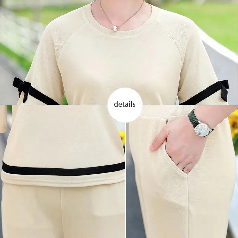 

Classy mom Fashion two piece outfits Casual Summer O-Neck Half sleeve t shirts top+Calf-Length Pants Loose Spliced plus size set