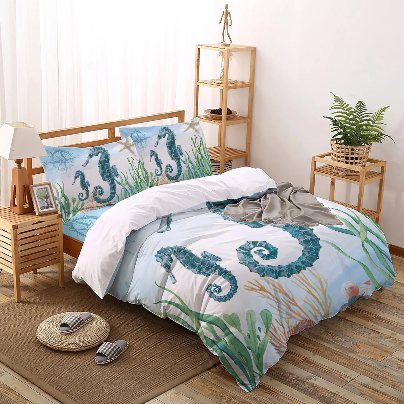 

Marine Animal Hippocampus Seaweed Compass Pattern Bedding Set Sheet Linens Duvet Cover Set For Bed Cover Pillowcase For Home