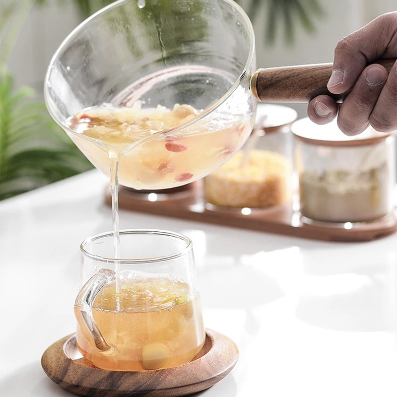 

Glass Milk Pot with Wooden Handle 400Ml Cooking Pot for Salad Noodles Gas Stove Cookware